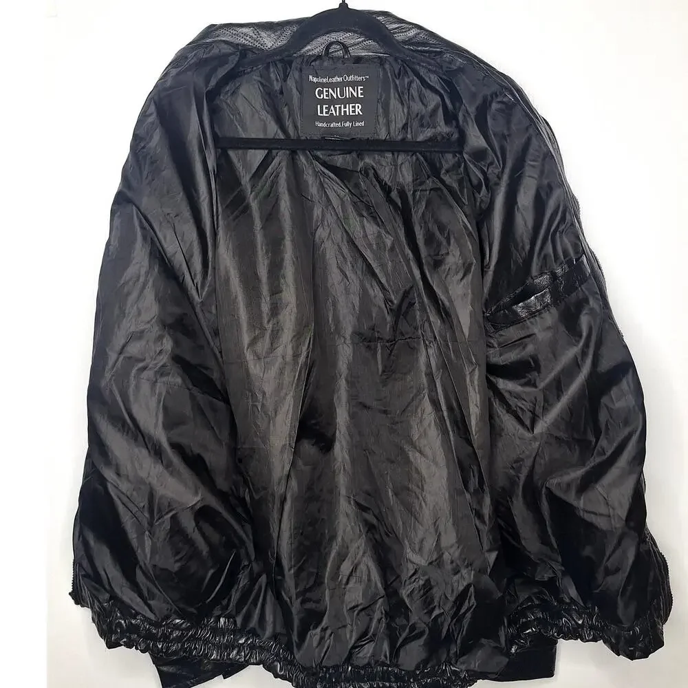 Vintage 90s Men's Leather Bomber Jacket Napoline Outfitters 2X Patchwork Black